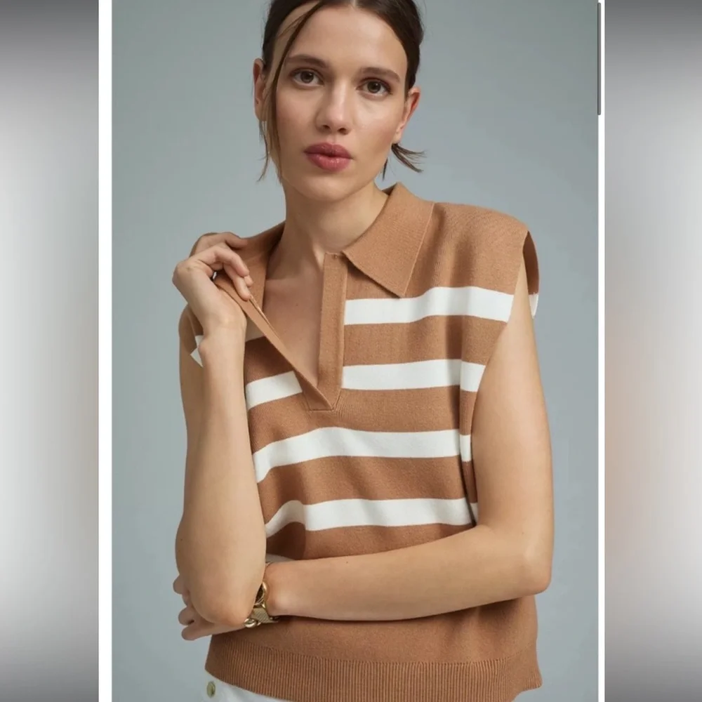 Anthropologie Maeve Collared Sweater Tank Top Striped Tan / White - Picture 1 of 4